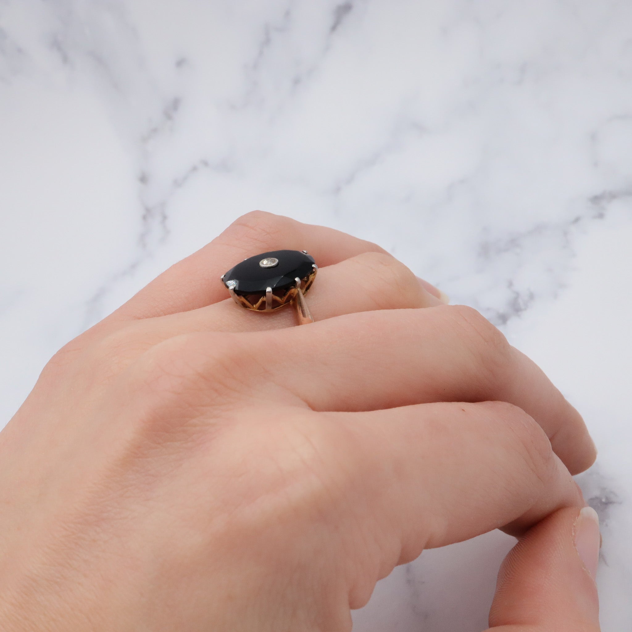 Antique Victorian 18k gold faceted onyx with old European cut diamond center with platinum tip ring, sz 6
